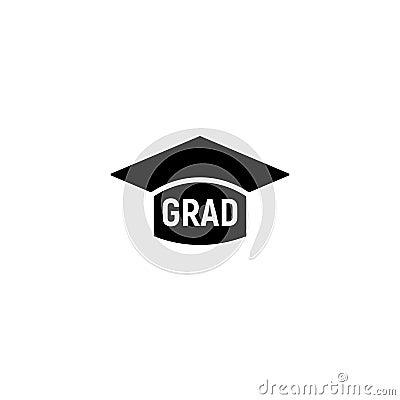 Isolated black and white color bachelor hat with word grad logo, students graduation uniform logotype, education element Vector Illustration