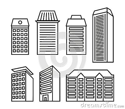 Isolated black and white color blocks of flats and low-rise houses in lineart style icons collection, elements of urban Vector Illustration