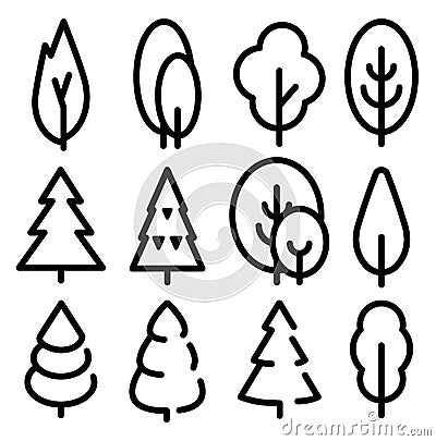 Isolated black and white color trees illustrations. Lineart style vector forest icon and logo set. Park and garden flat Vector Illustration