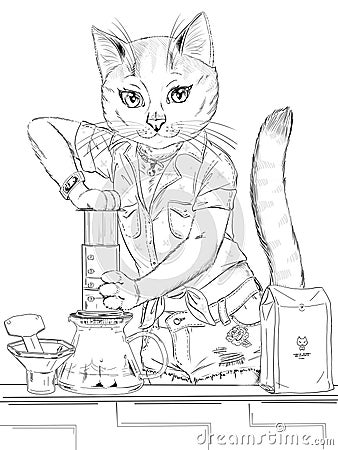 Barista cat preparing coffee with aeropress artistic drawing Stock Photo