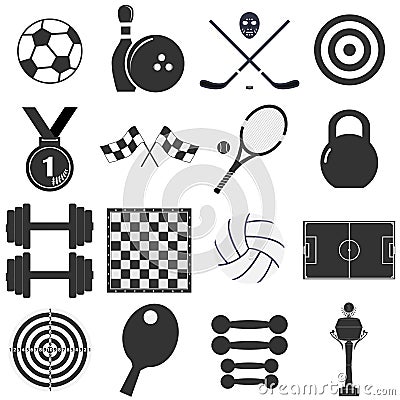 Isolated black and white sports object icons. Icons sports items. Cartoon Illustration