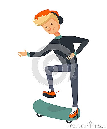 Isolated blonde guy skating and trying to flip a skateboard. flat vector skater illustration of a man wearing blue sportswear. Vector Illustration