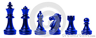 Isolated blue chess set chess piece king, queen, bishop, knight horse, rook, pawn on white background. business, competition, Stock Photo