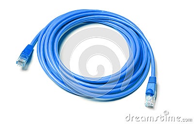 Isolated blue patch cord internet cable on white background Stock Photo