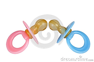 Isolated Blue and Pink Baby Dummies on White Stock Photo