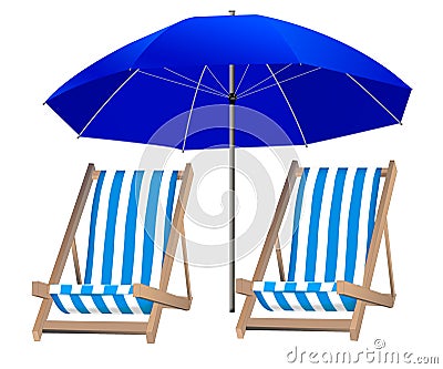 Isolated blue umbrella and two loungers on the background Stock Photo