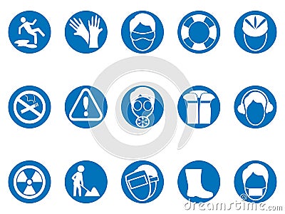 Blue work safety round button icons set Vector Illustration