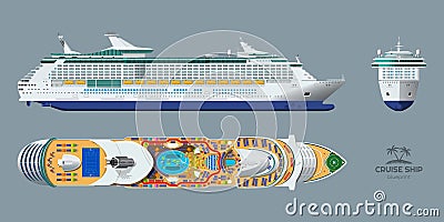 Isolated blueprint of cruise ship. Side, top and front views. Realistic 3d liner. Detailed drawing of modern vessel Vector Illustration