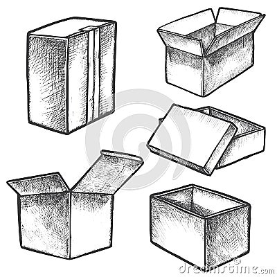 Isolated boxes sketches or hand drawn realistic cube containers. Vector Illustration
