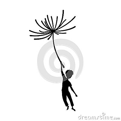 Isolated boy flying on dandelion seed. Dream scene. Black silhouette of fantasy adventure Vector Illustration