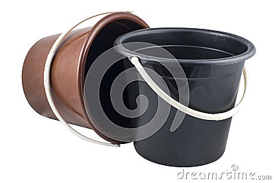 Isolated braun and white plastic buckets Stock Photo