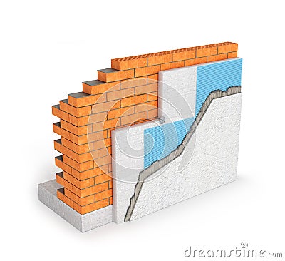 Isolated brick wall thermal insulation concept on white background 3d Cartoon Illustration