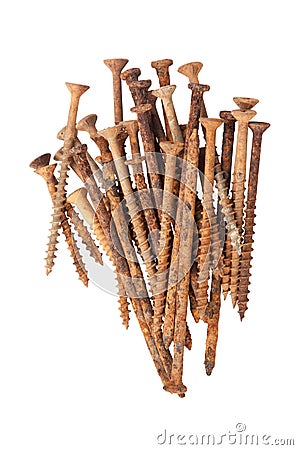 Isolated Bunch of Old Rusted Wood Screws and Nails Stock Photo