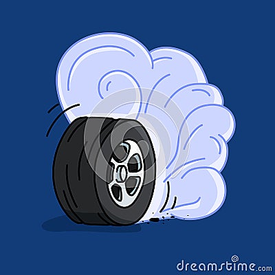 Isolated burnout wheel on a blue background. smoke wheel hand drawn illustration Vector Illustration