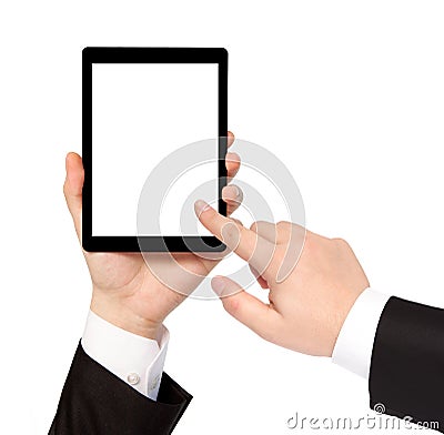 Isolated businessman hand holding tablet with isolated screen Stock Photo