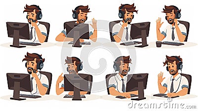 An isolated call center operator wearing a headset, chatting with a client via the internet. Technical hotline help desk Cartoon Illustration