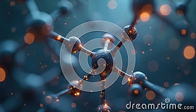 Isolated carbon molecule structure close up. Tech futuristic digital abstract dot graphic network cyberspace datum blue system Stock Photo