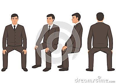 isolated carton businessman sitting, front side and back view Vector Illustration