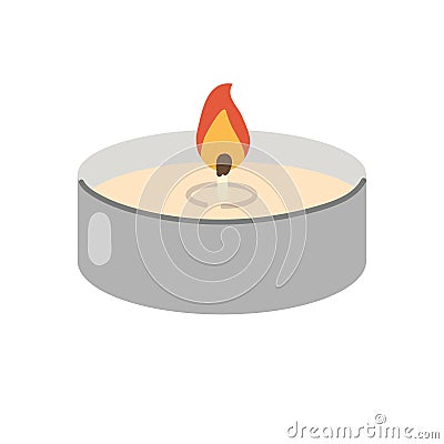 Isolated cartoon burning wax candle, tealight. Modern decoration for home interior, spa, relax. Vector Illustration