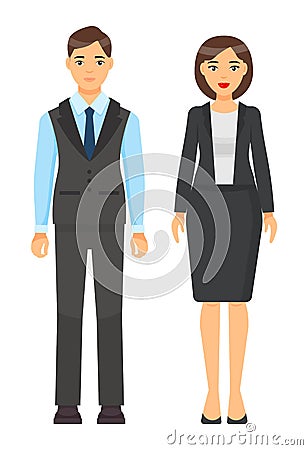 Dresscode of businesspeople, brown-haired man and woman wearing office suits or costumes, workers Vector Illustration
