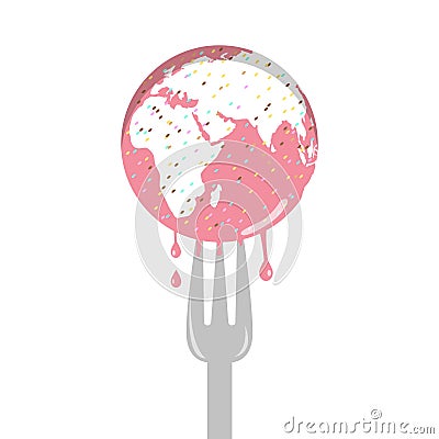 Isolated cartoon of pink sprinkle earth cake and fork Vector Illustration