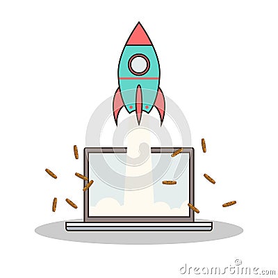 Isolated cartoon rocket and laptop online start up Vector Illustration