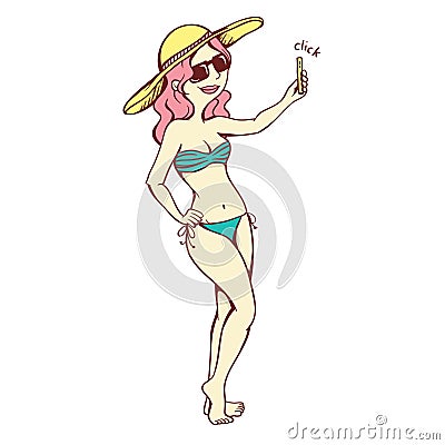 Isolated cartoon girl take selfie in bikini Vector Illustration