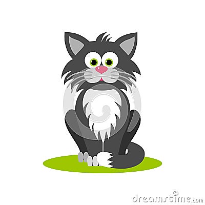 Isolated cartoon sitting gray cat on white background. Frendly cat. Animal funny personage. Vector Illustration