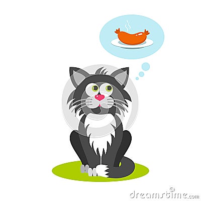 Isolated cartoon sitting gray cat on white background. Frendly cat think about food, sausage. Animal funny personage. Vector Illustration