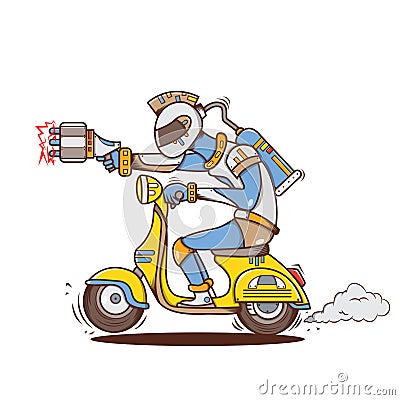 Isolated cartoon space alien guy riding scooter Vector Illustration