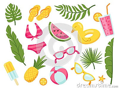 Isolated cartoon summer elements. Beach objects, pool party tropical collection. Seaside accessories, swimwear Vector Illustration