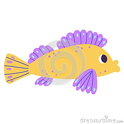 Isolated cartoon yellow marine fish with purple blobs in hand drawn flat style Vector Illustration