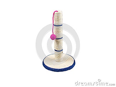 Isolated cat scratching post with ball toy on a white background. Stock Photo