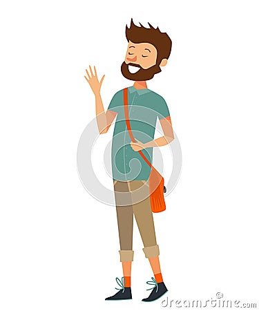 Isolated caucasian man smiling, telling a story and laughing. flat hipster vector illustration of a white man with a beard. Vector Illustration