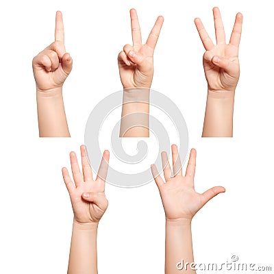Isolated children hands show the number one two three four five Stock Photo
