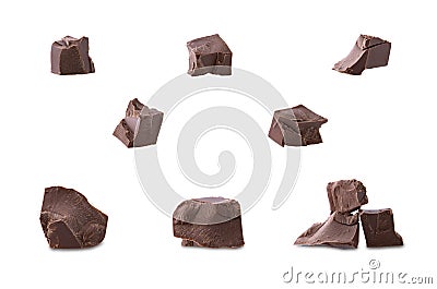 Dark broken chocolate pieces set isolated on white background Stock Photo