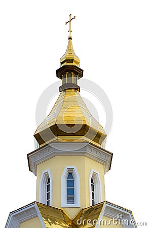 Isolated Christian Orthodox Yellow Church with Golden Dome and C Stock Photo