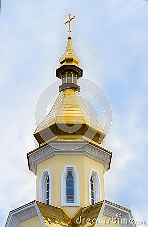 Isolated Christian Orthodox Yellow Church with Golden Dome and C Stock Photo