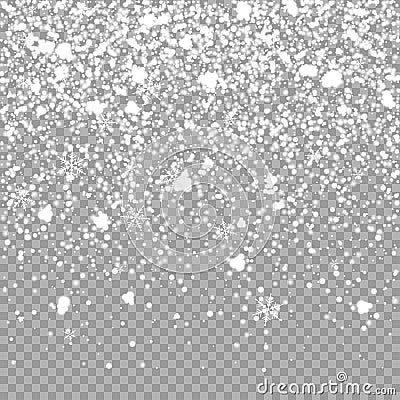 Isolated Christmas falling snow overlay on transparent background. Snowflakes storm layer. Snow pattern for design Vector Illustration