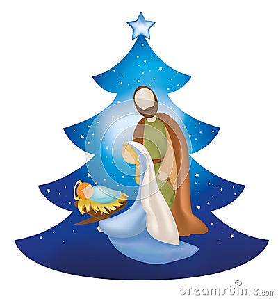 Isolated christmas tree nativity scene with holy family on blue background Stock Photo
