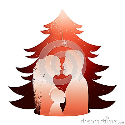 Isolated Christmas tree nativity scene with holy family. Silhouette profile on red background Stock Photo