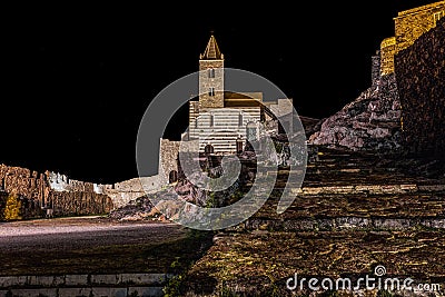 Isolated church by night near the sea/ Saint Peter church/ Portovenere/ La Spezia, Italy. Stock Photo