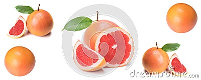 Isolated citrus, fresh pink grapefruit whole and slices, on white background, close-up Stock Photo