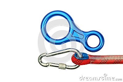 Isolated climbing equipment carabiner, belay device or figure eight descender Stock Photo