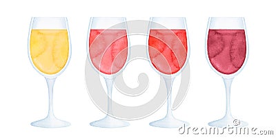 Watercolor illustration pack of different types of wine in classic glasses. Stock Photo