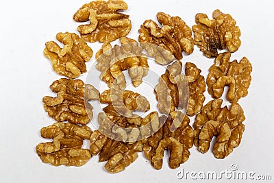 Isolated Close up, macrophotography, of Walnuts nuts on white background. Stock Photo