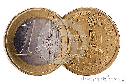 Isolated coins of Dollar and Euro currencies Stock Photo