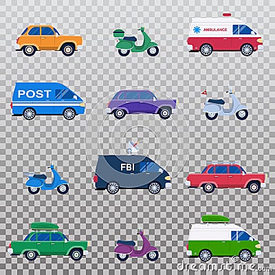 Isolated collection of different cars like ambulance and post minivan Vector Illustration