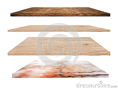 Isolated collection empty top of of perspective luxury white brown wood and marble shelves on white background Stock Photo