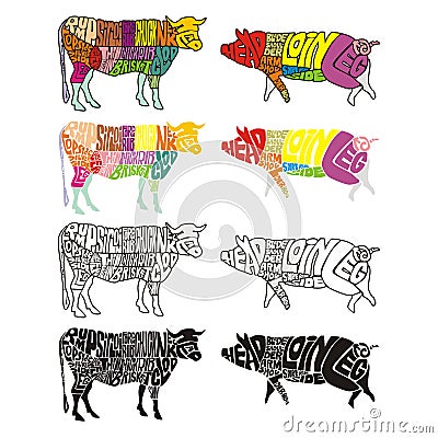 Isolated colored cow and pig Cartoon Illustration